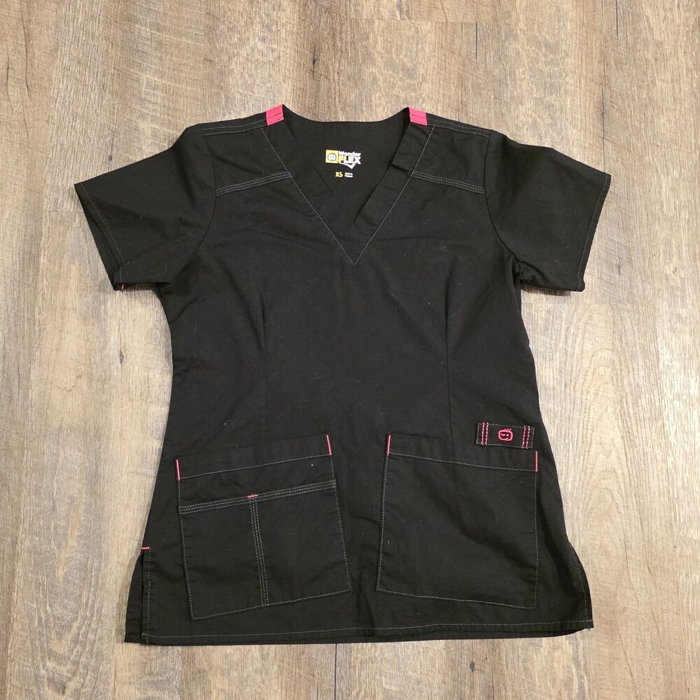 Wonder Flex Women's Black Pink Short Sleeve Medical Scrub Top Size XS